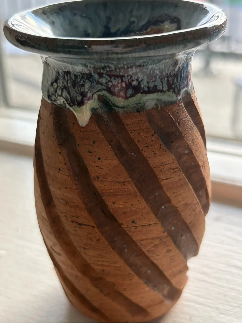 Handcrafted Studio 4.5” Pottery Bud Vase Carved Spiral Pattern Drip Glaze Rim